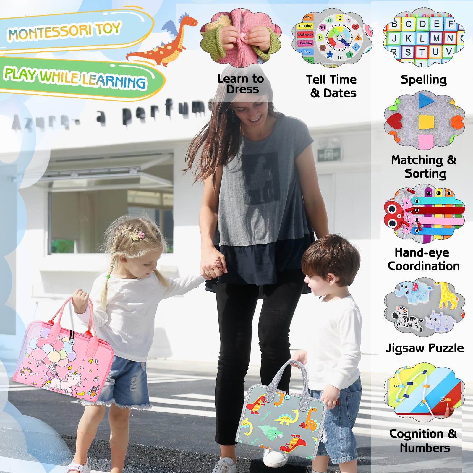 Esjay busy board letter and number threading page supports early literacy and counting.