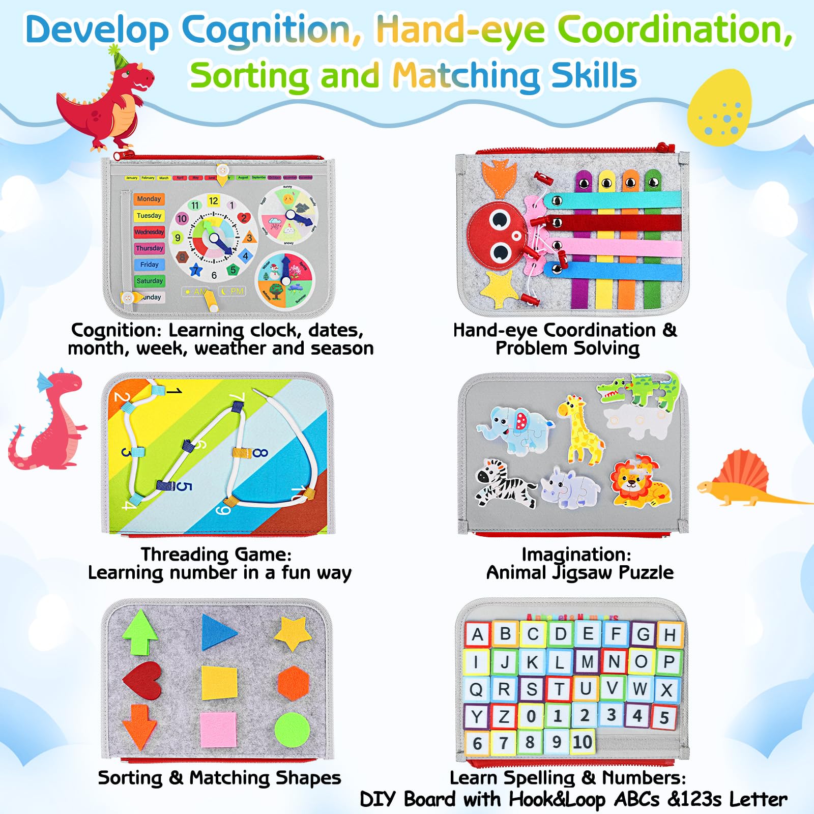 Esjay soft fabric, travel-friendly busy board with safe corners for toddlers.