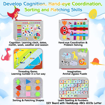 Esjay soft fabric, travel-friendly busy board with safe corners for toddlers.
