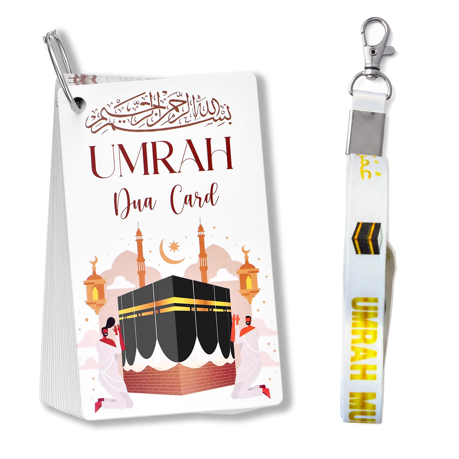ESLINOP Umrah Dua Cards with Lanyard shown for portable prayers on the go