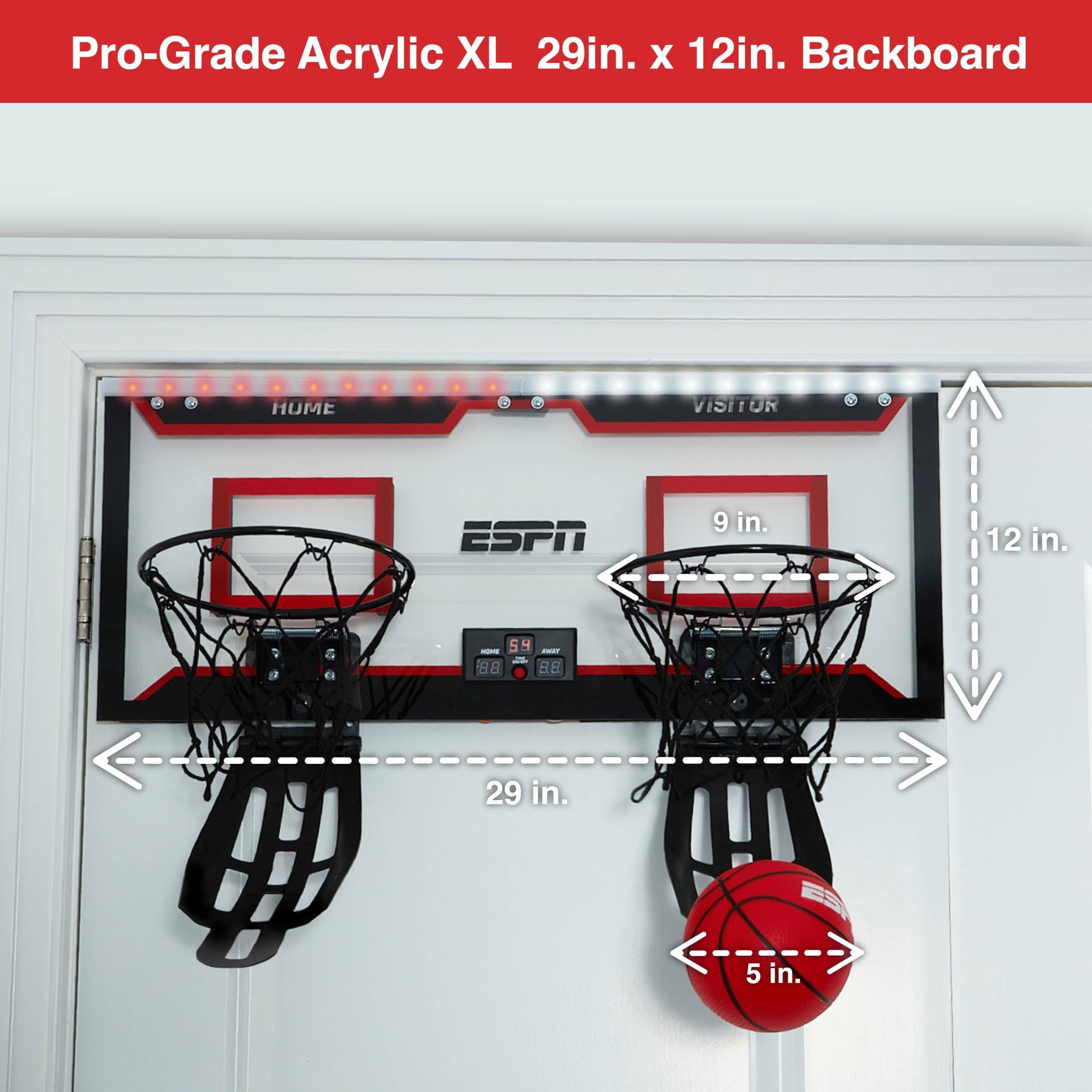 Illuminated backboard with visible scoring enhances arcade-style action.