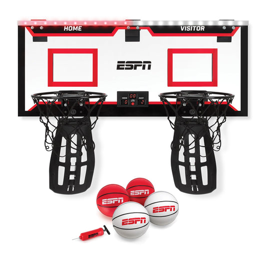 ESPN mini basketball hoop over-door backboard ready for two-player play.