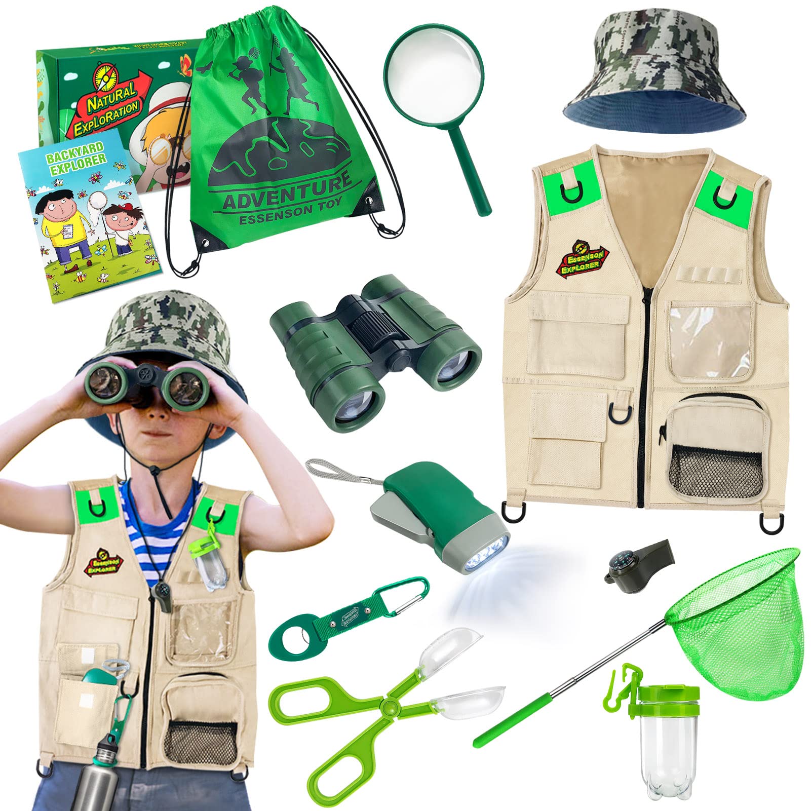 ESSENSON outdoor explorer vest displayed with gear for nature adventures.