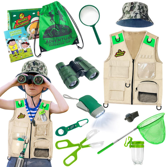 ESSENSON outdoor explorer vest displayed with gear for nature adventures.