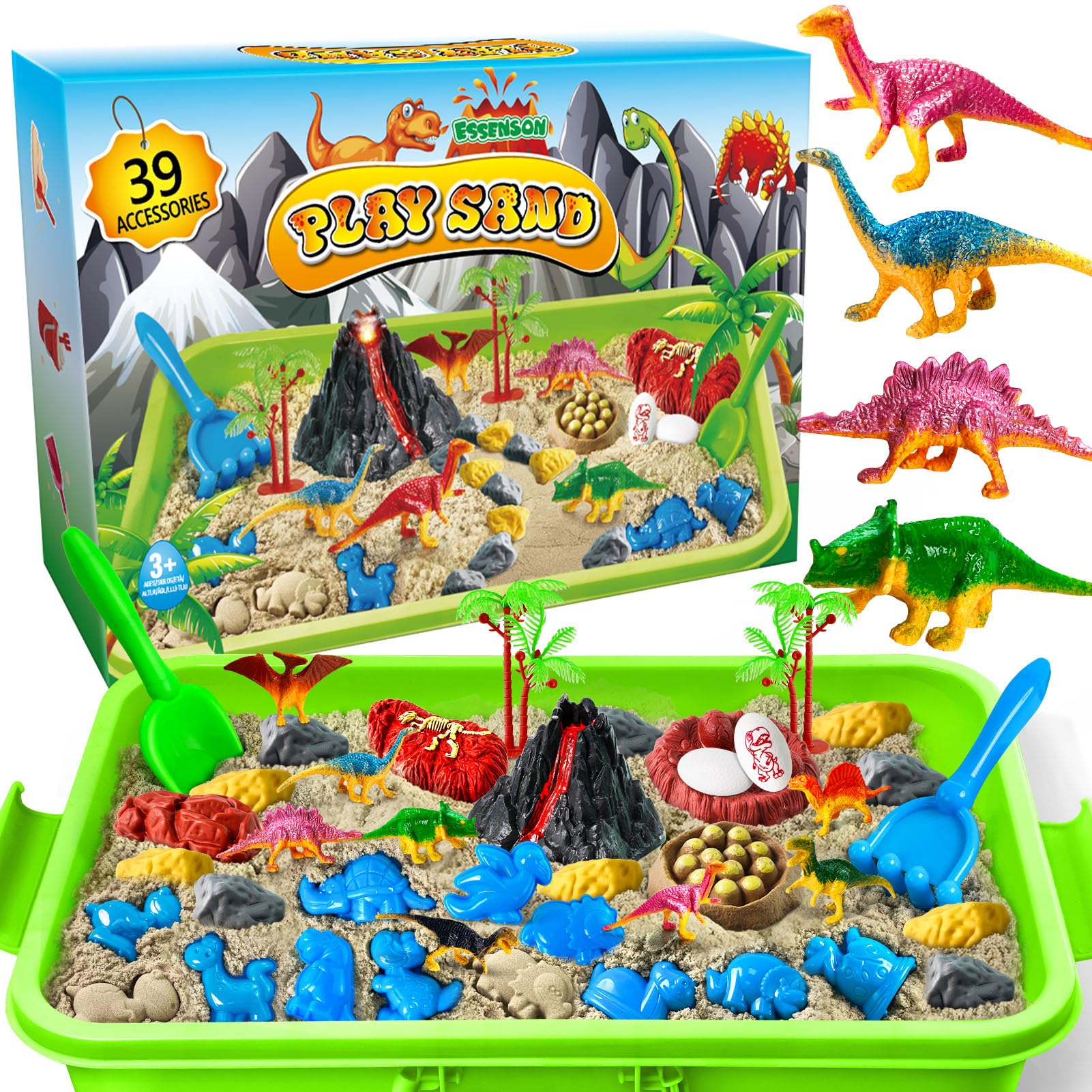 Essenson Sensory Bin with dinosaur molds for imaginative play and fine motor practice.