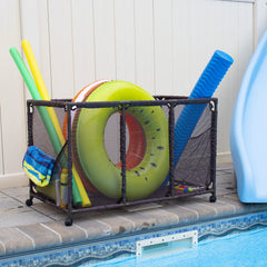 Essentially Yours Pool Noodles Holder showing lockable wheels for mobility.