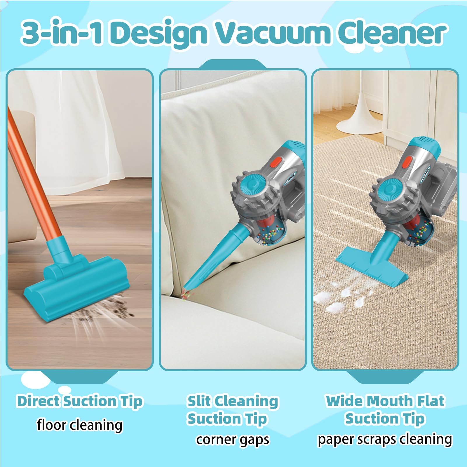 Essovee vacuum toy wide nozzle collects lightweight debris during play.