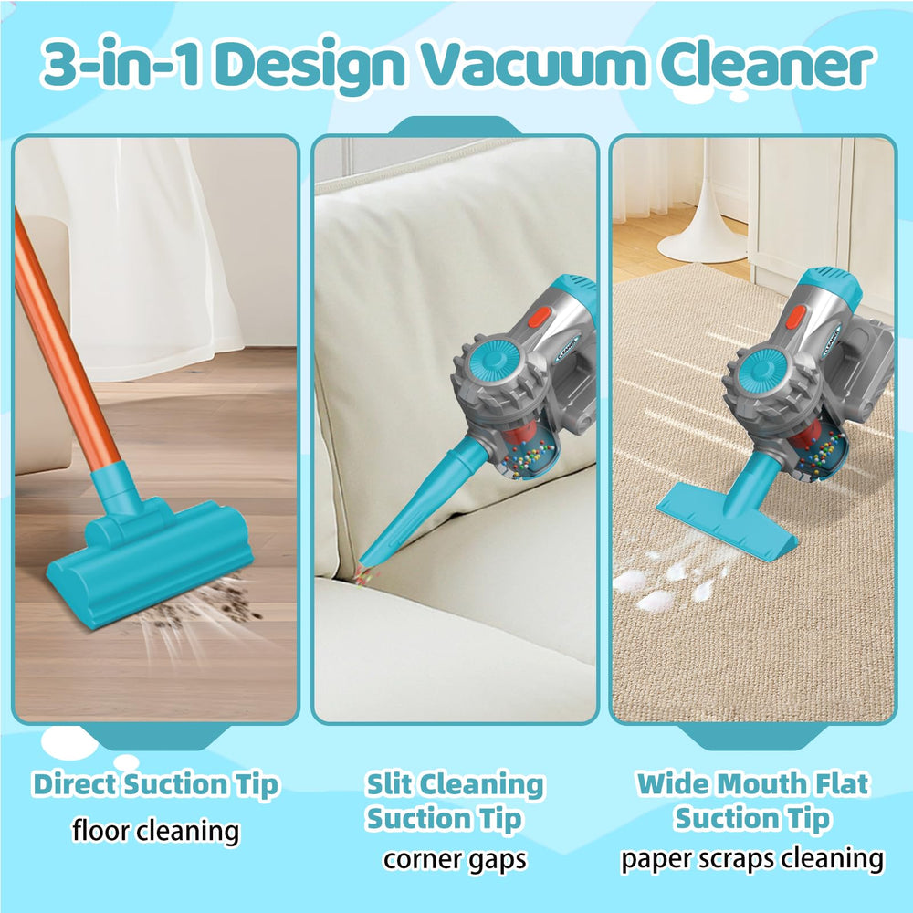 Essovee vacuum toy wide nozzle collects lightweight debris during play.