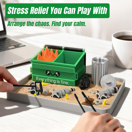 Estairkas mini dumpster fire desk decor adds tactile, screen-free ritual during busy workdays.