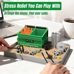 Estairkas mini dumpster fire desk decor adds tactile, screen-free ritual during busy workdays.