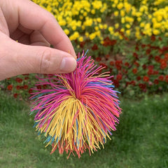 Estimable rainbow stringy ball bounce—vibrant sensory fun for groups.