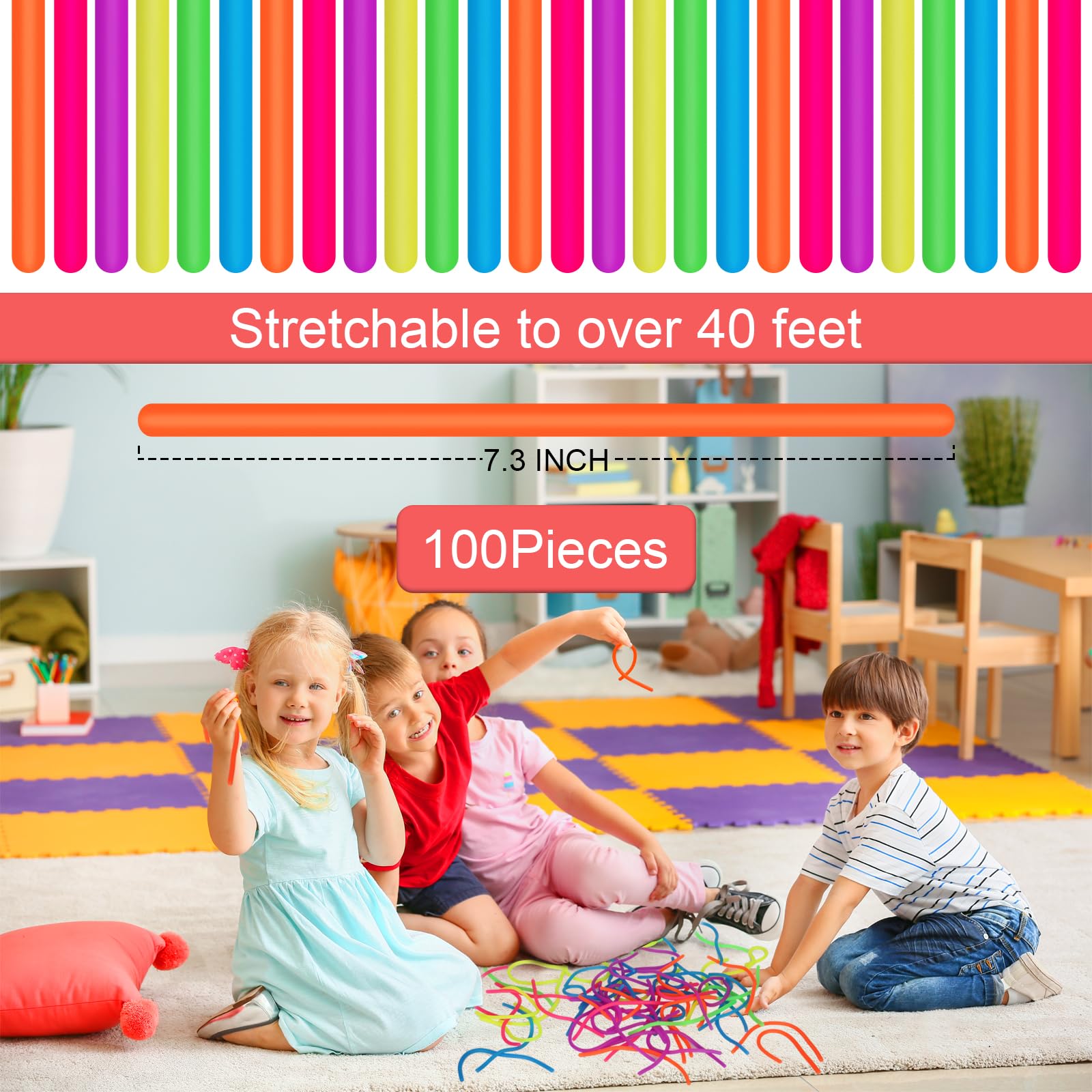 Estimable stretchy fidget strings woven into shapes to spark creativity.