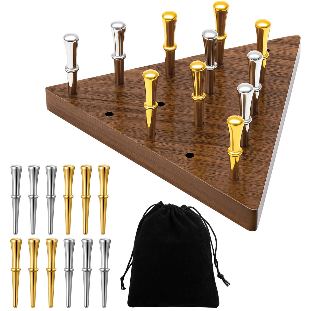 Estune walnut triangle peg board with natural grain, stylish home decor.
