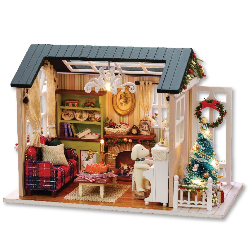 ESTUSR Christmas dollhouse kit with LED lights for cozy holiday displays.