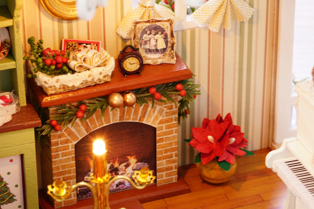 ESTUSR dollhouse display piece with warm LED lighting on a shelf.