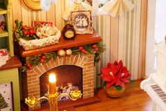 ESTUSR dollhouse display piece with warm LED lighting on a shelf.