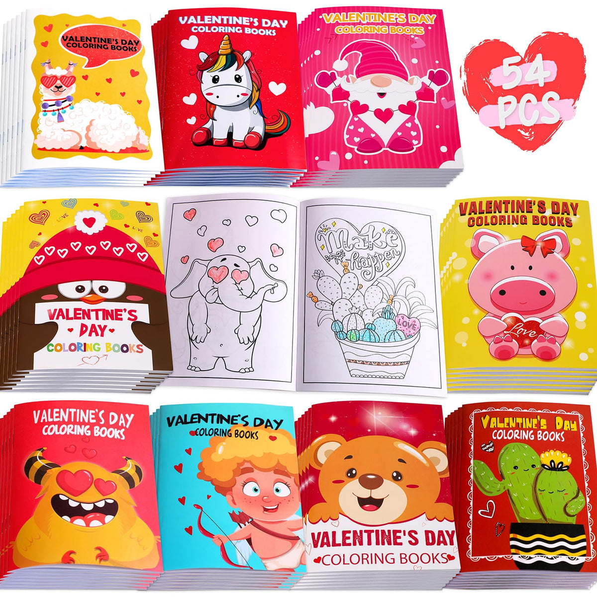 Eternity Sky 54pcs valentines coloring book pack front, ideal for classroom gift ideas
