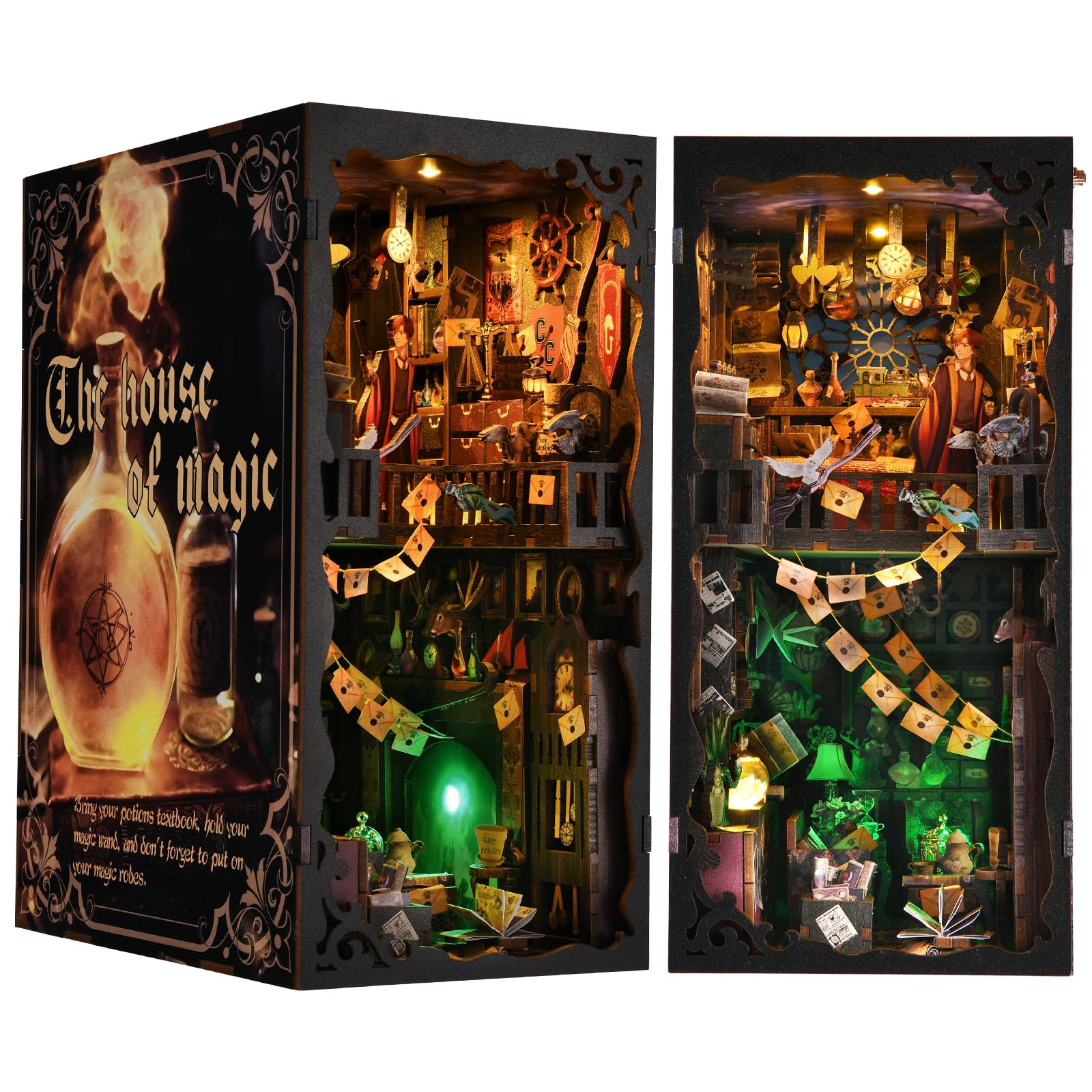 ETKVR Book Nook Kit: enchanted wizard home with LED lights for cozy shelf decor.