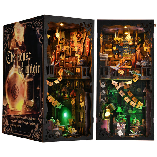 ETKVR Book Nook Kit: enchanted wizard home with LED lights for cozy shelf decor.