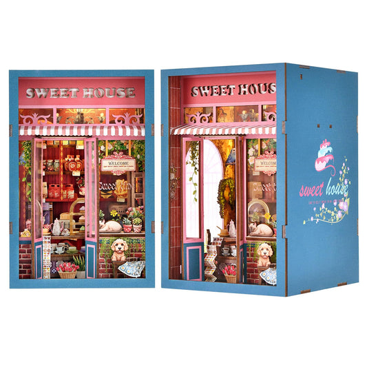 ETKVR Book Nook Kit pastry scene with donuts and bread, perfect for cozy shelf decor.
