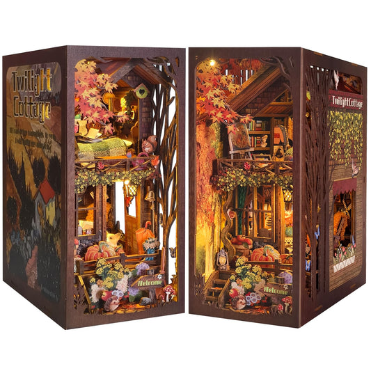 ETKVR Book Nook Kit twilight cottage scene for cozy bookshelf decor.