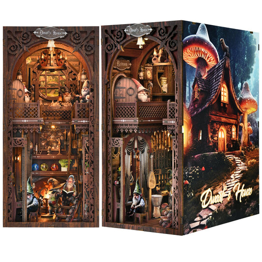 ETKVR dwarf cottage book nook kit on a shelf adds cozy fantasy ambiance.