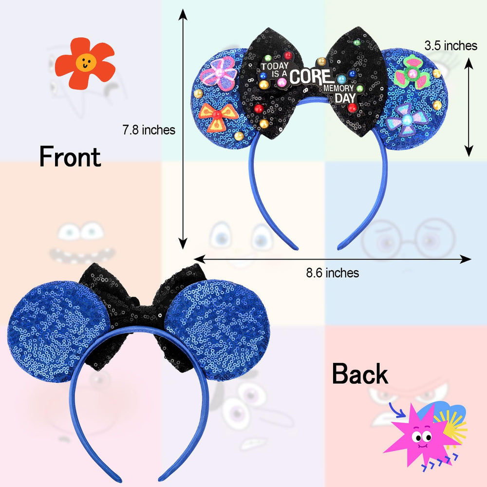 ETLUK headband side view shows blue sequins and bow sparkle.