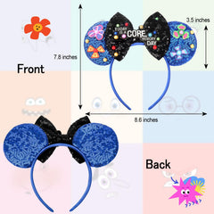 ETLUK headband side view shows blue sequins and bow sparkle.