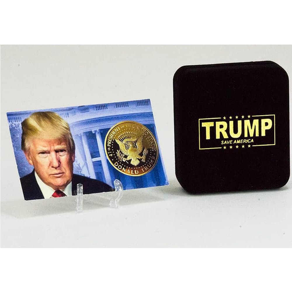 eTradewinds 1-ounce weight Trump coin, striking detail for shelf or desk display.