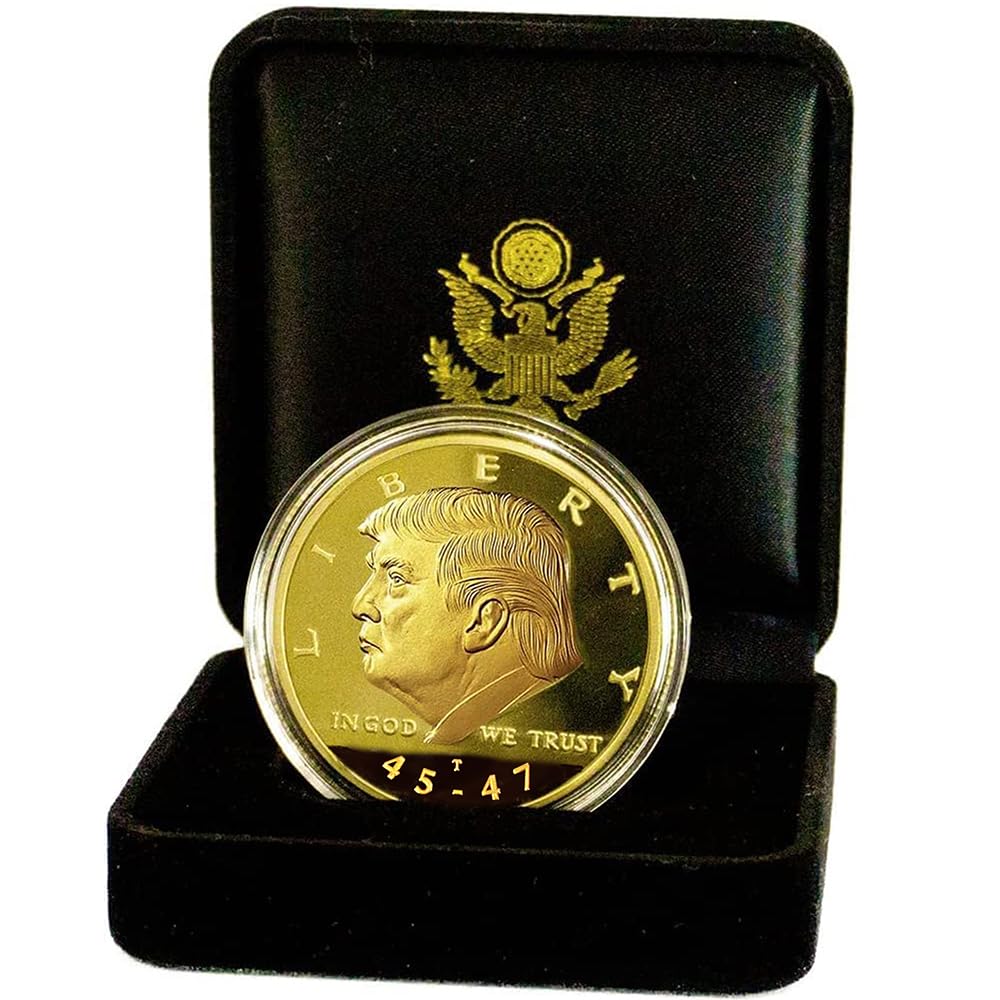 eTradewinds Donald Trump 45-47 Liberty Eagle coin in velvet display case, perfect for collectors.