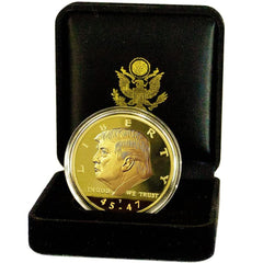 eTradewinds Donald Trump 45-47 Liberty Eagle coin in velvet display case, perfect for collectors.