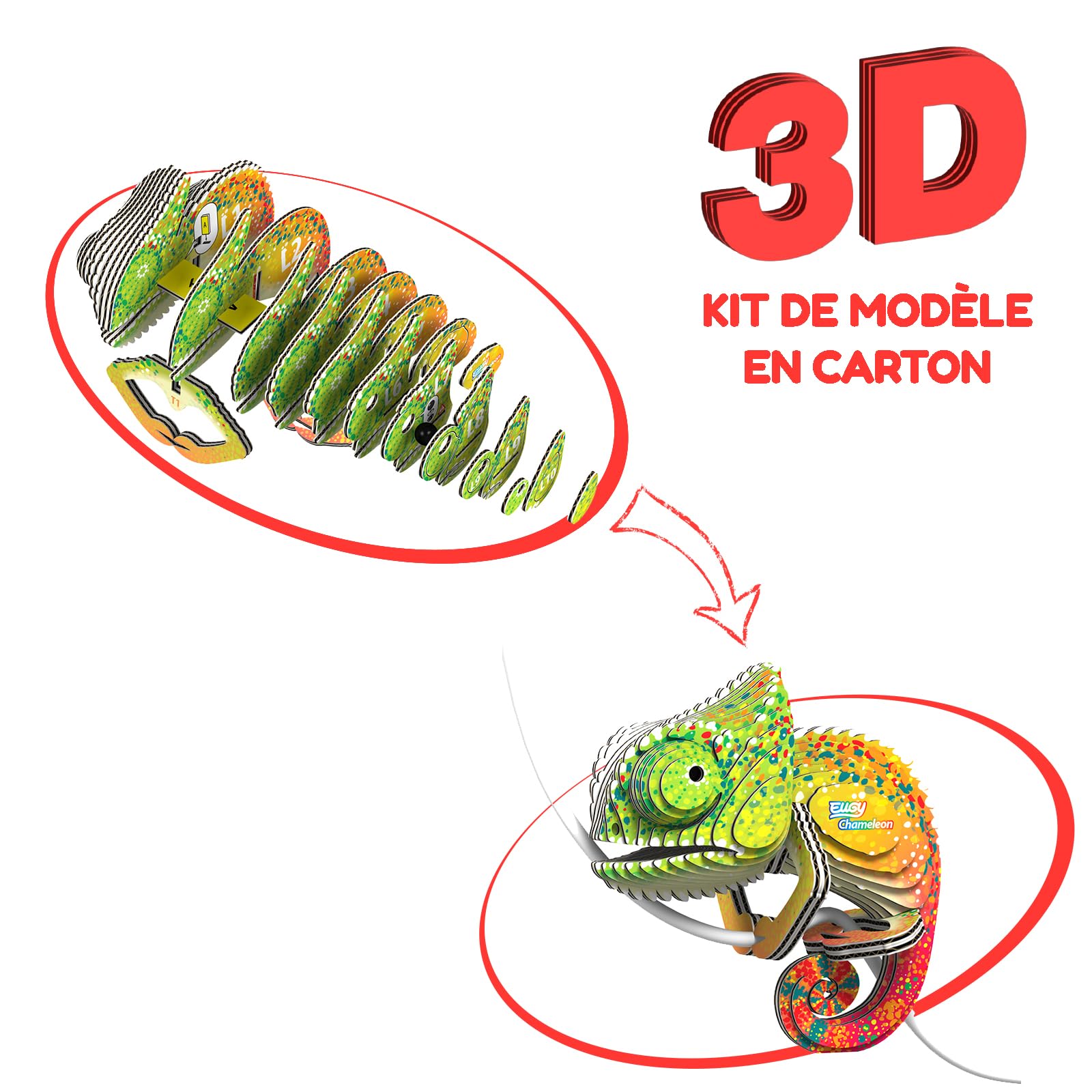 EUGY Chameleon 3D puzzle side view highlighting quick 20-minute assembly