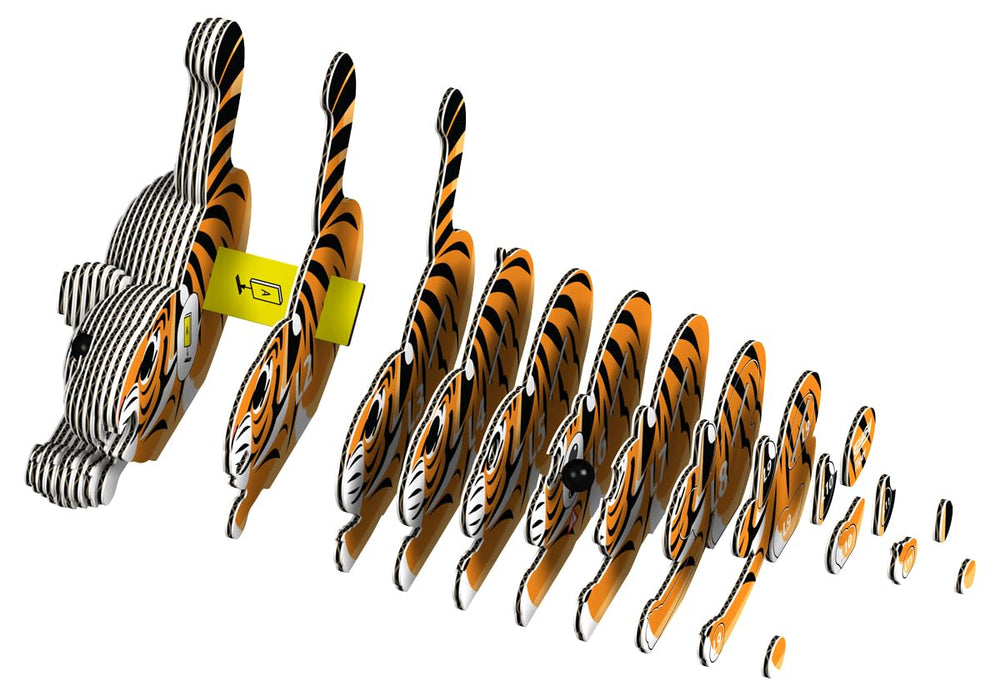 EUGY Tiger 3D puzzle pieces before assembly showing recyclable cardboard