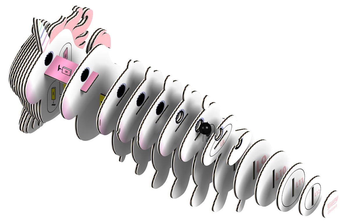 EUGY Unicorn being built by a child, a portable learning toy for travel