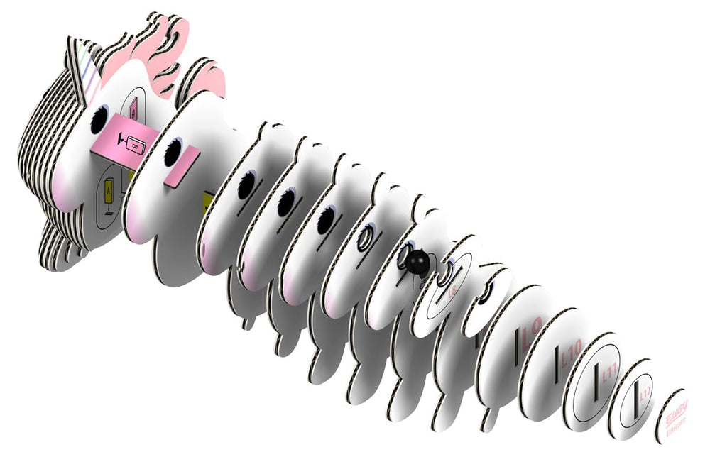 EUGY Unicorn being built by a child, a portable learning toy for travel