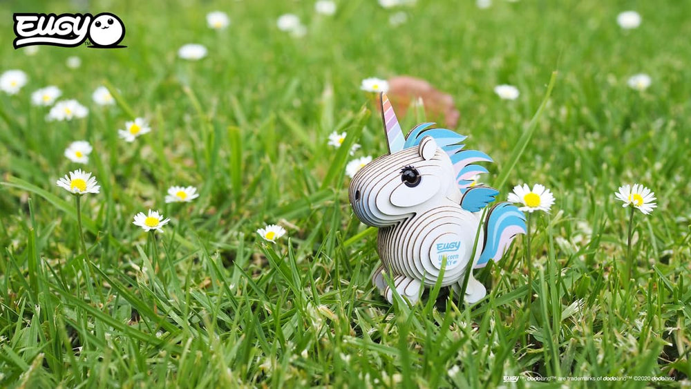 Bright Eugy Unicorn Sky 3D figure stands proudly for display.
