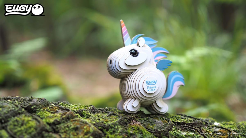Eugy Unicorn Sky 3D puzzle made with recyclable materials and inks.