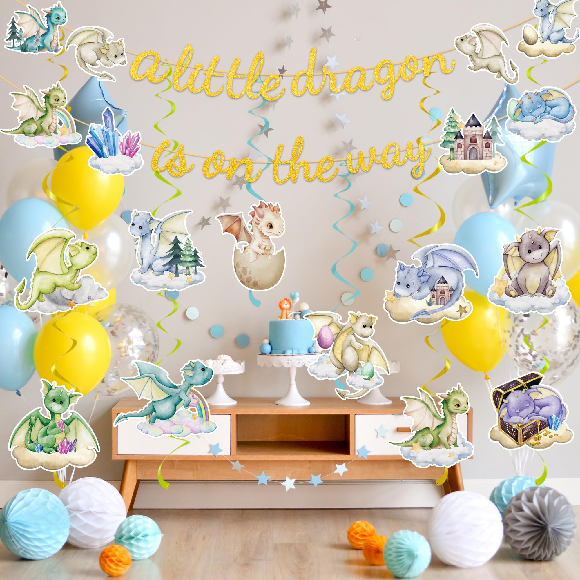 EUOYUFO cute dragon accents add castles and crystals to the party styling.