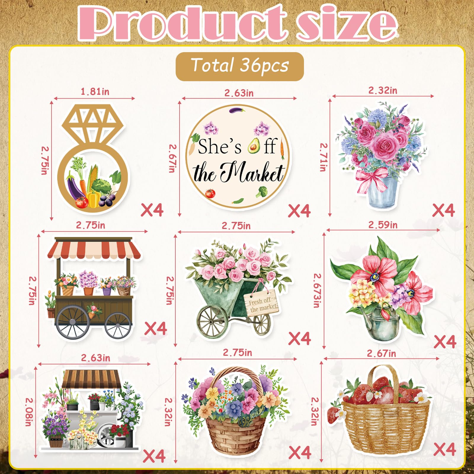 EUOYUFO Fresh Off The Market toppers featuring baskets elevate dessert displays.