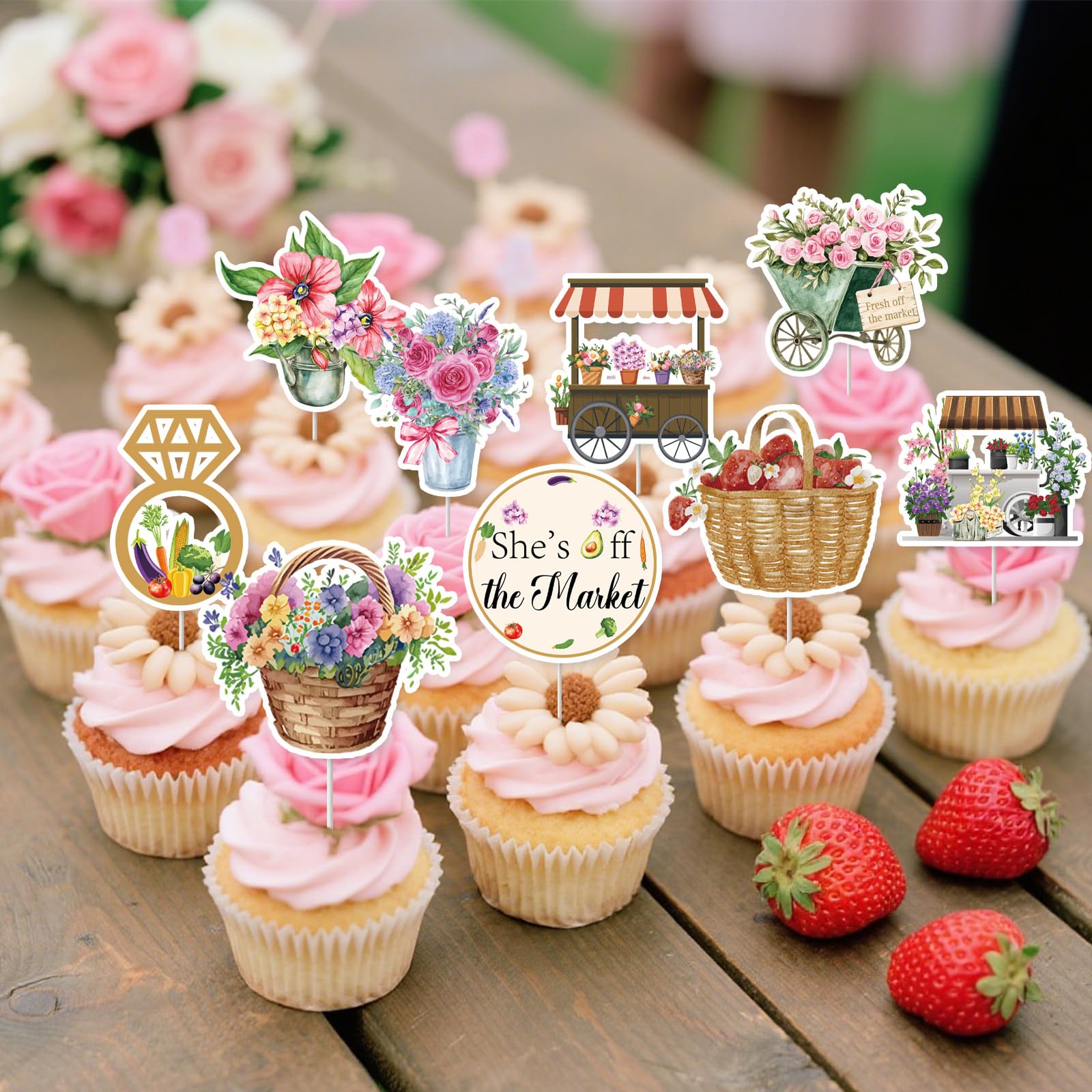 EUOYUFO Fresh Off The Market toppers with carts charm party pastries.