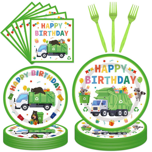 EUOYUFO trash truck plates and napkins combo for quick cleanup and cohesive party styling.