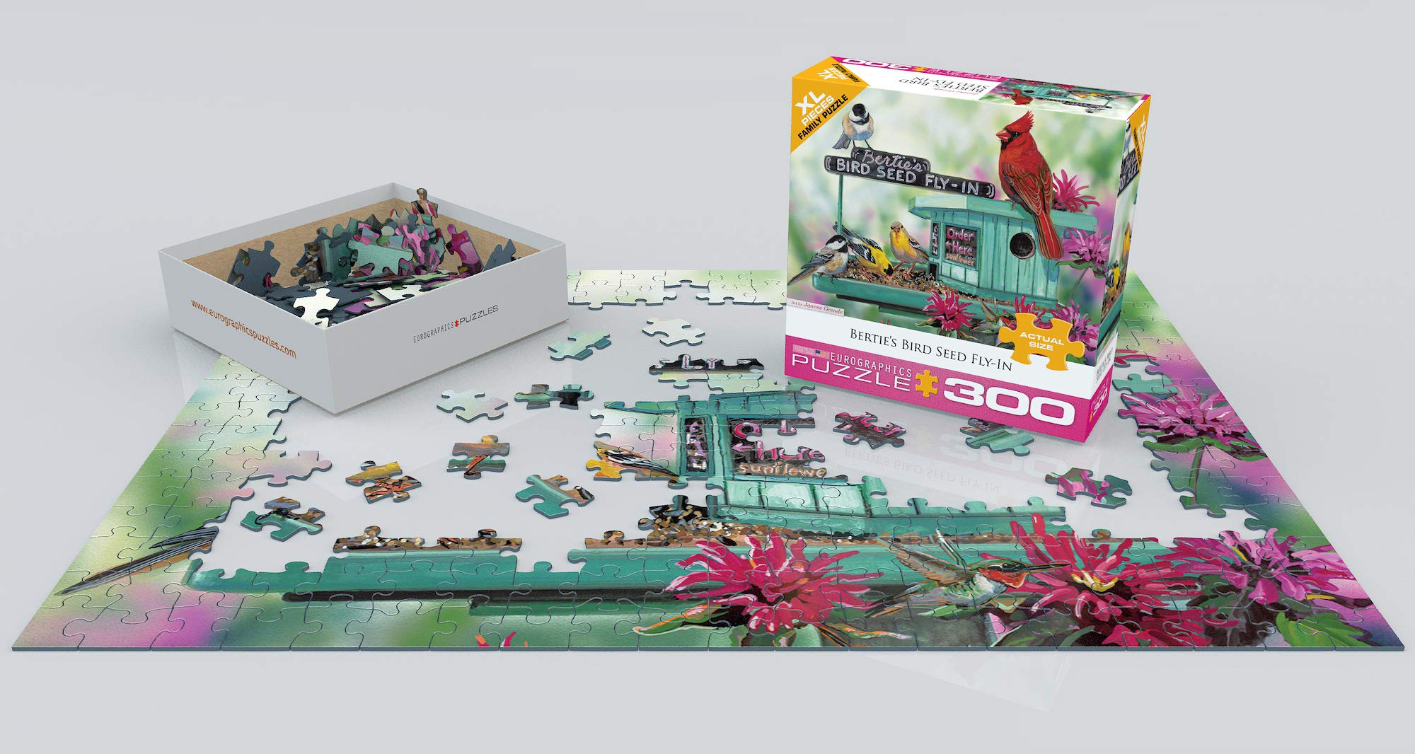 EuroGraphics Bertie's Bird Seed Fly-In scene with colorful birds evokes focus and cozy moments