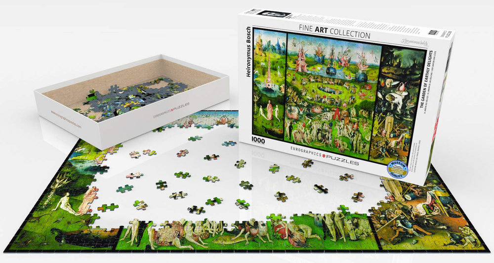 Finished Garden of Earthly Delights puzzle laid out for display.