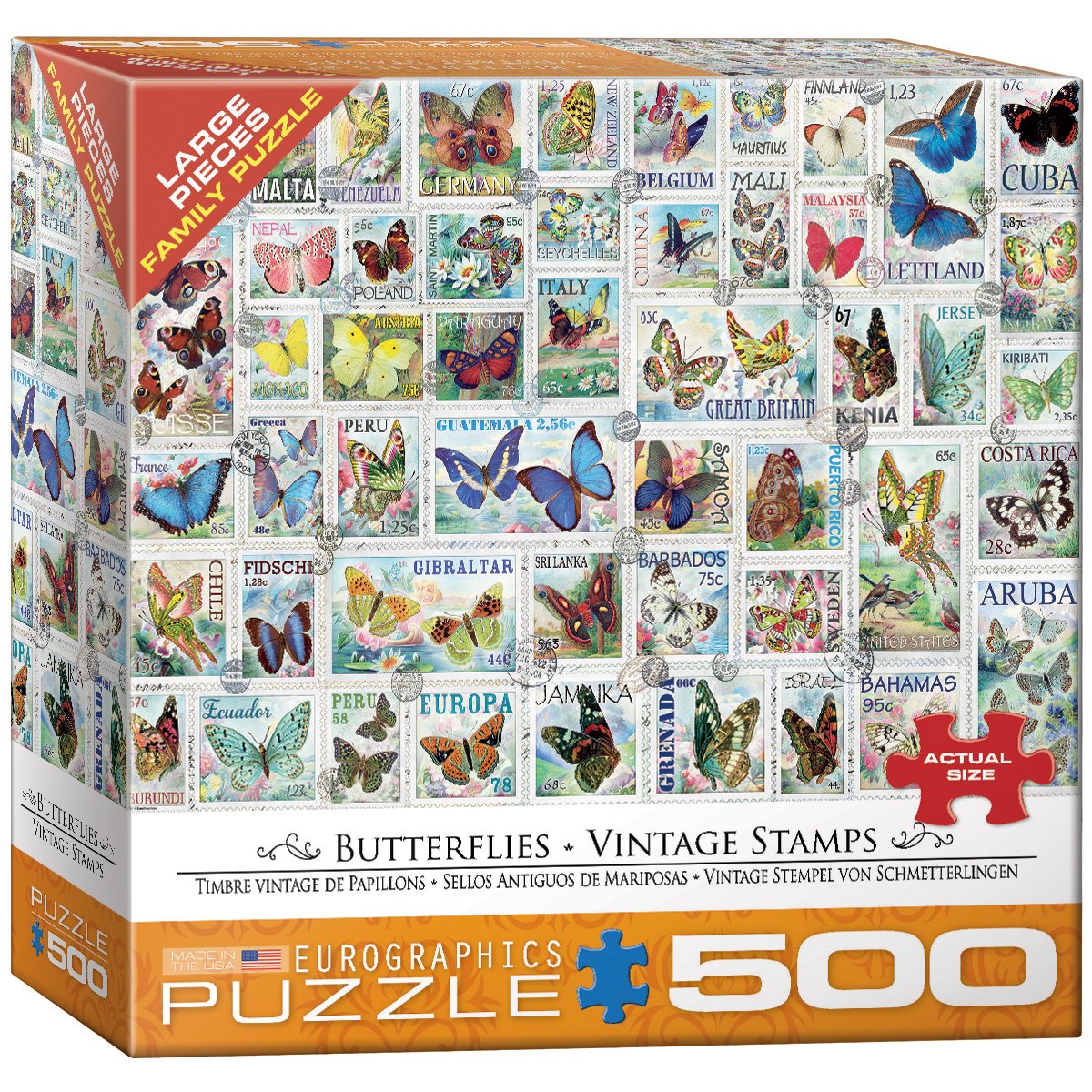 EuroGraphics Butterflies Vintage Stamps box image, modular packaging for organized puzzle setup