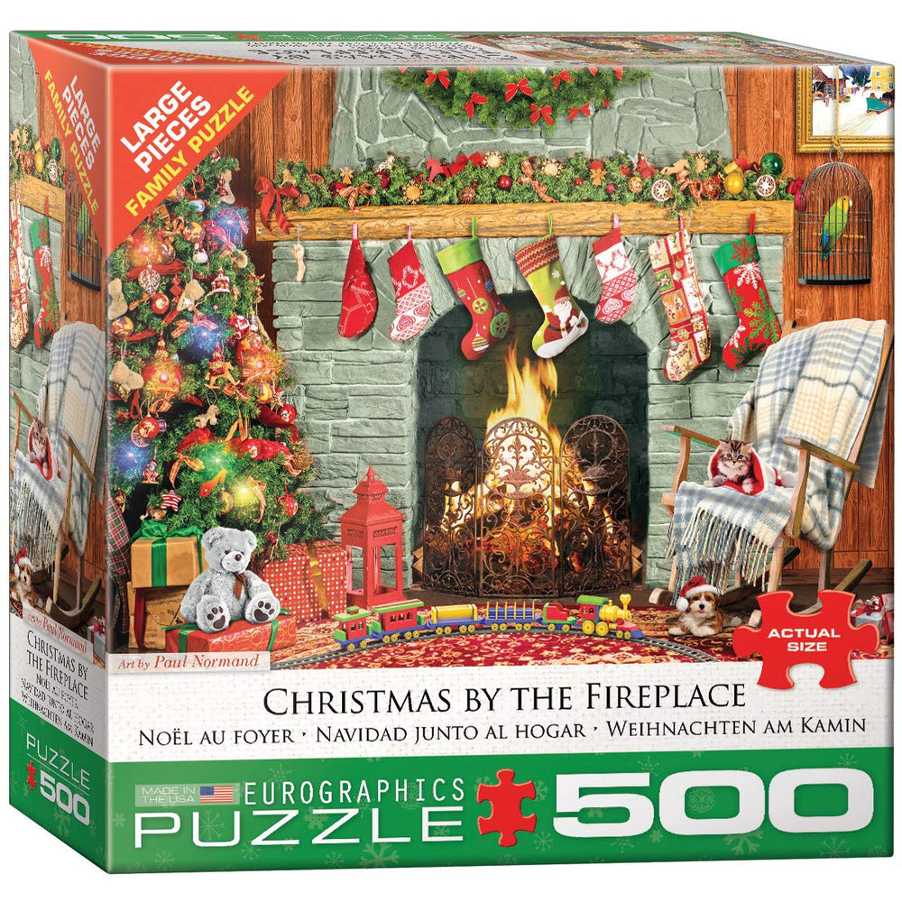 EuroGraphics Christmas by The Fireplace puzzle cover, cozy holiday scene for family puzzle night.