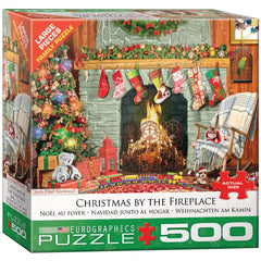 EuroGraphics Christmas by The Fireplace puzzle cover, cozy holiday scene for family puzzle night.
