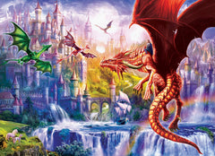 EuroGraphics Dragon Kingdom puzzle pieces spread on table for collaborative assembly.