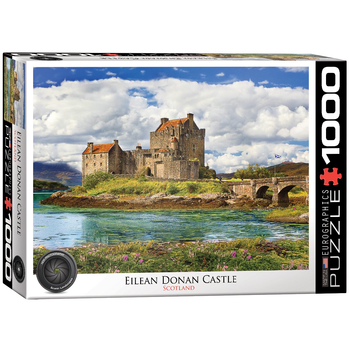 EuroGraphics Eilean Donan Castle puzzle box front, inviting family puzzle time.