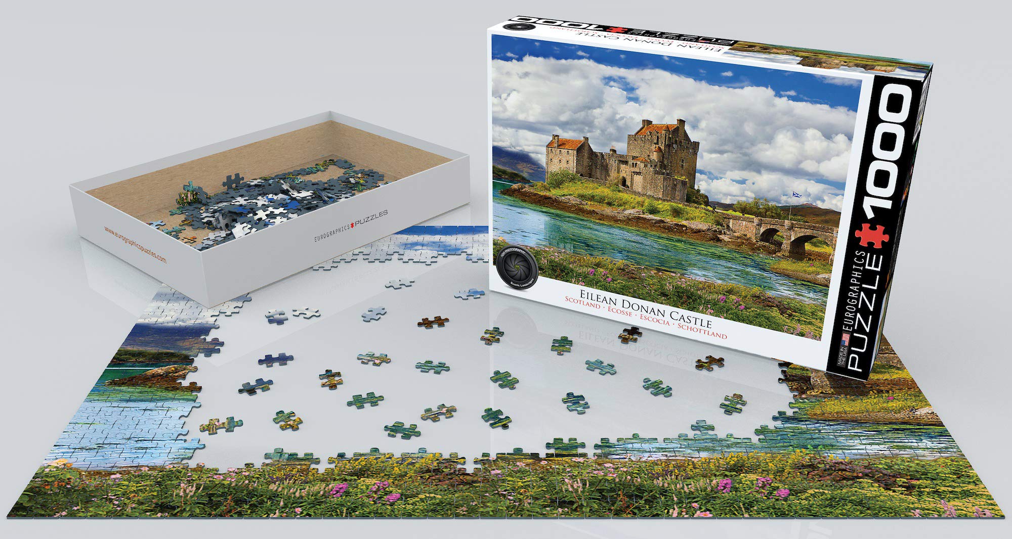 EuroGraphics Eilean Donan Castle finished puzzle size ready for home display.