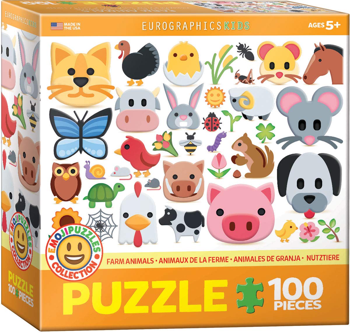 EuroGraphics Farm Animals Emojipuzzles box front with colorful farm icons for screen-free play